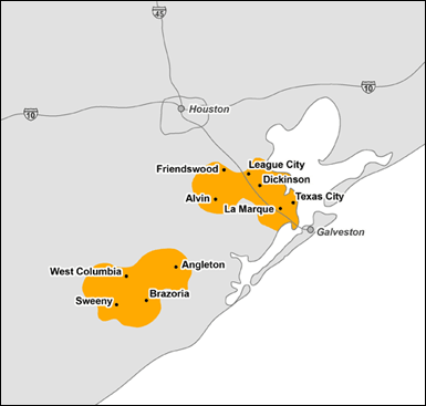 overview map of TNMP service area in Texas gulf coast region