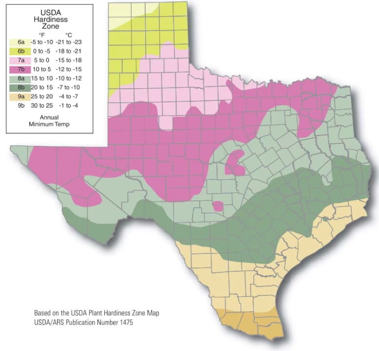 map of Texas plant hardiness zones